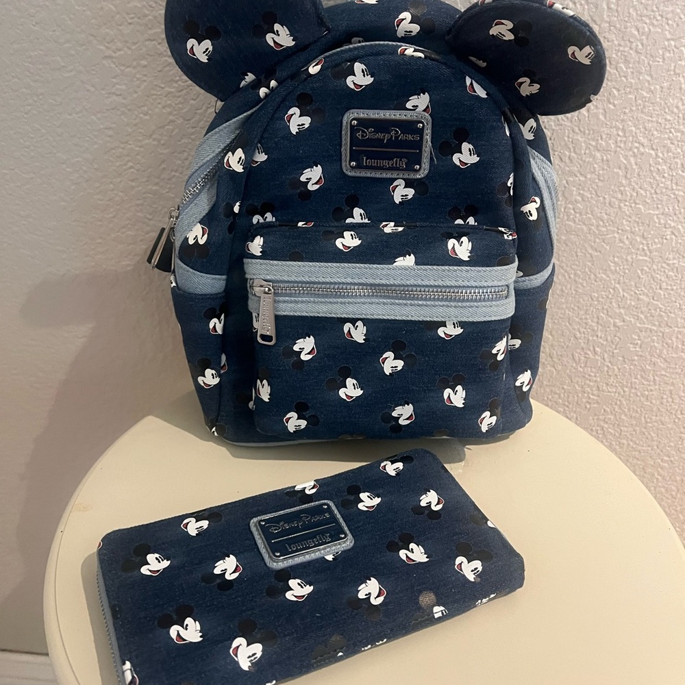 Loungefly Blue Denim Mickey Mouse with Wallet both New
